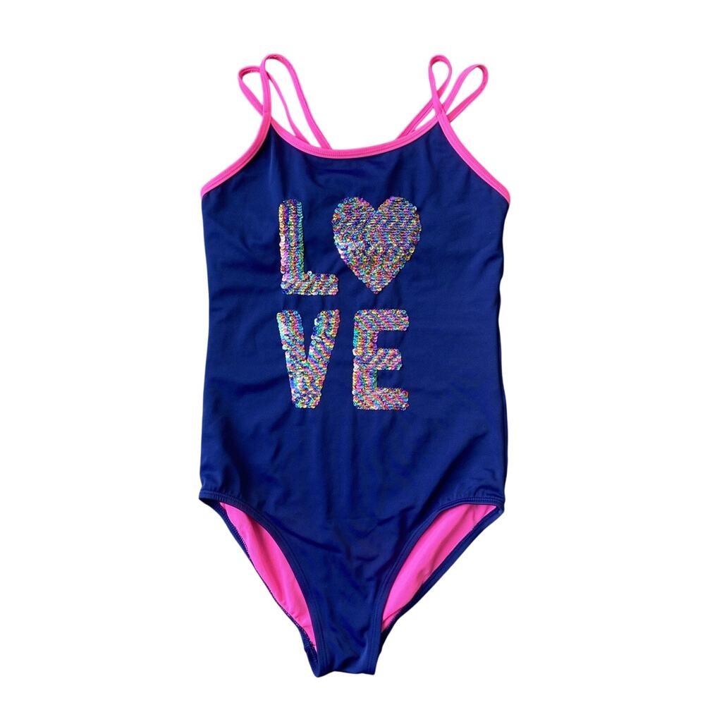 Justice One Piece Swimsuit Sz 14 Blue Pink Lining LOVE Sequin Flip Modest